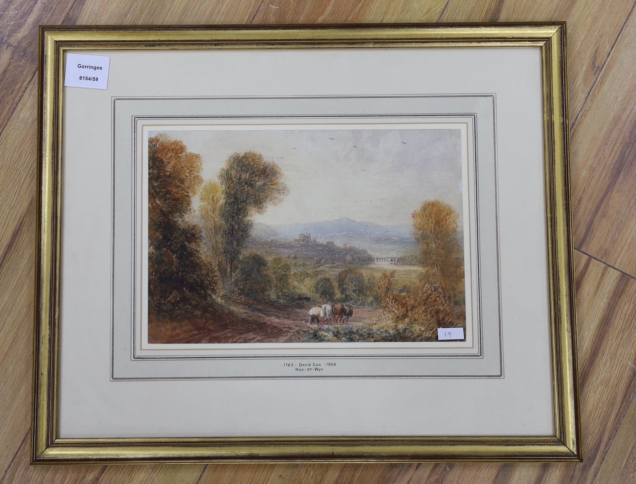 David Cox Snr (1783-1859), watercolour, Autumnal view with a ploughman, Hay-on-Wye, labelled and titled to mount, 20 x 29cm